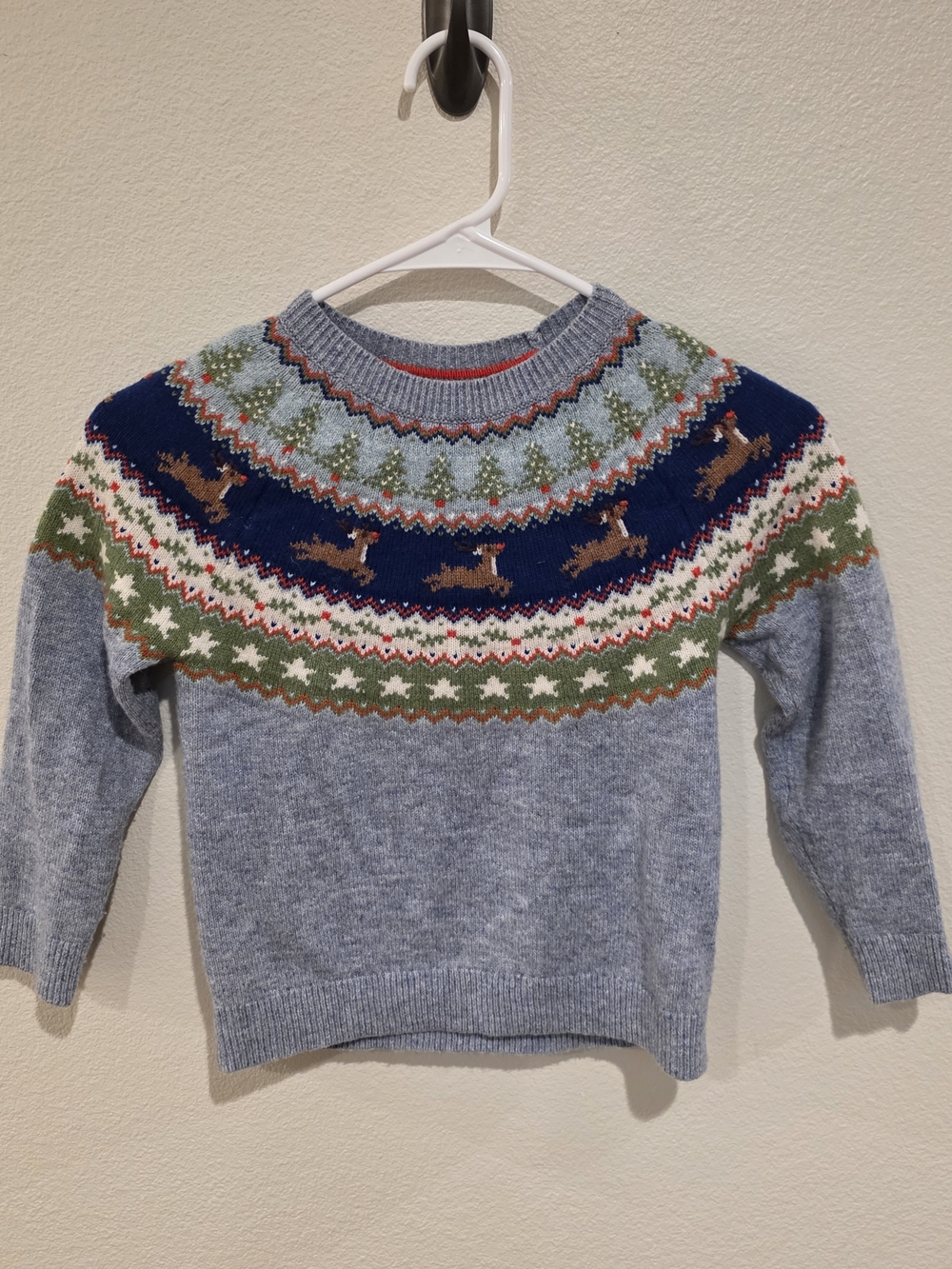 Mini Boden Light Blue Fair Isle Reindeer Yoke Sweater